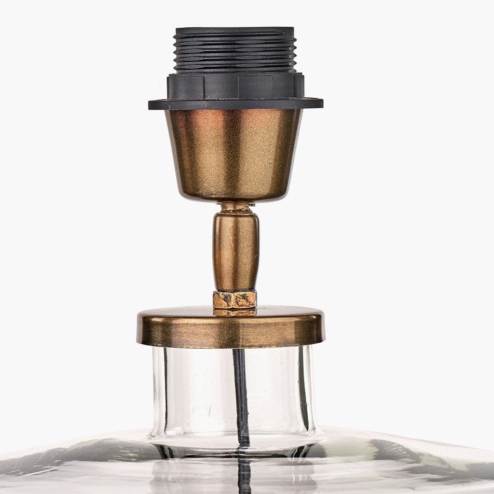 Josie Clear Glass and Antique Brass Metal Table Lamp Base with Edward 30cm Pistachio Green Linen Cylinder Lampshade.