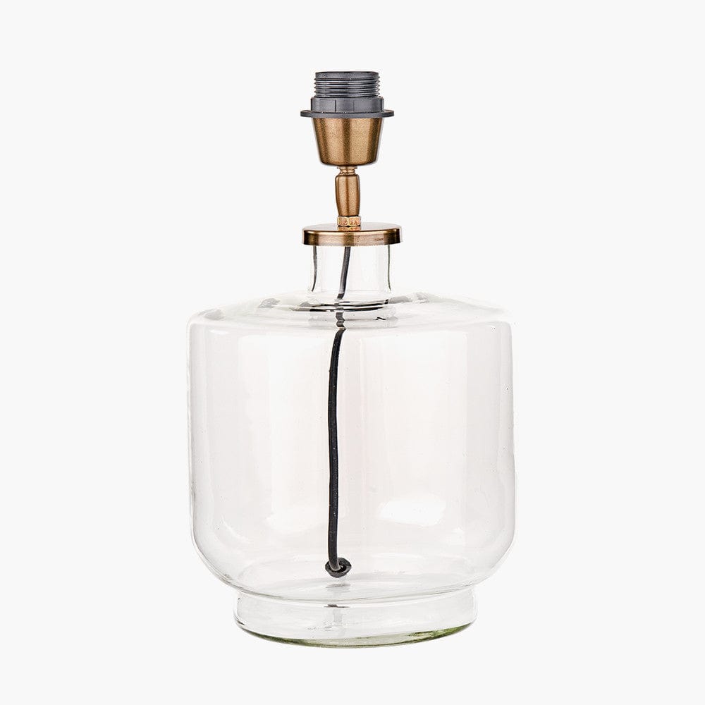 Josie Clear Glass and Antique Brass Metal Table Lamp Base with Edward 30cm Pistachio Green Linen Cylinder Lampshade.