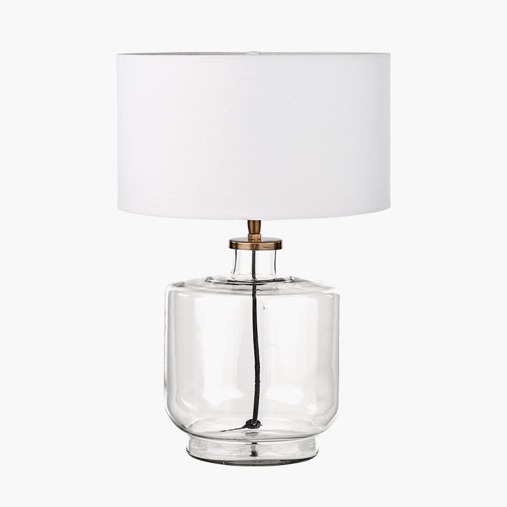Josie Clear Glass and Antique Brass Metal Table Lamp Base with Harry 30cm Ivory Cotton Mix Cylinder Lampshade.