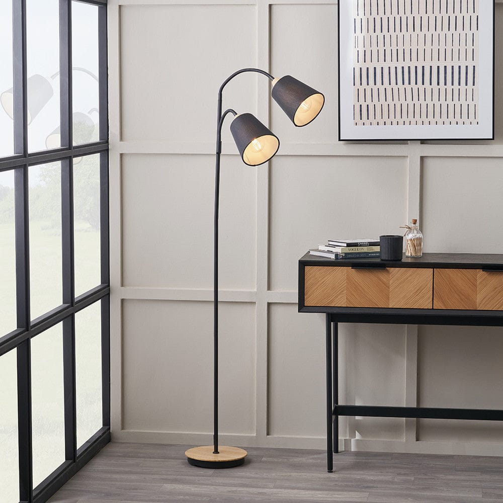 Pacific Lifestyle Lighting Juna Black Metal and Natural Wood Two Head Floor Lamp House of Isabella UK