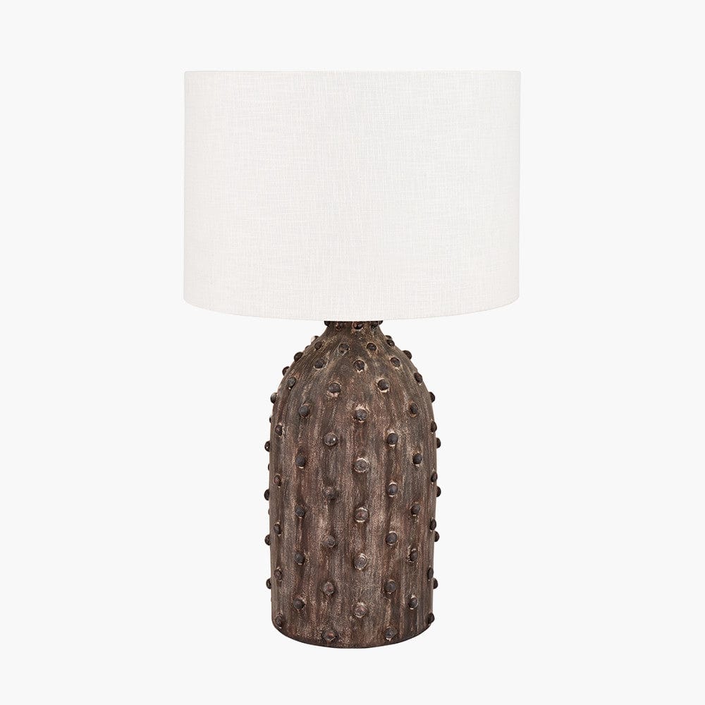 Kali Textured Dot Grey Stoneware Table Lamp Base with Lino 30cm White Self Lined Linen Cylinder Lampshade.