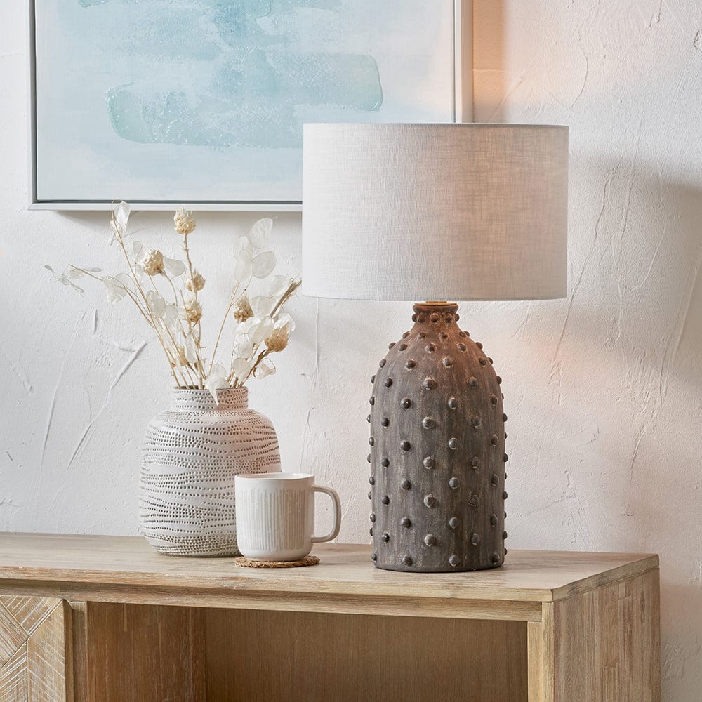 Kali Textured Dot Grey Stoneware Table Lamp Base with Lino 30cm White Self Lined Linen Drum Shade.