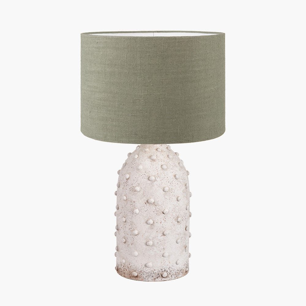 Kali Textured Dot Light Grey Stoneware Table Lamp Base with Edward 30cm Pistachio Green Linen Cylinder Lampshade.