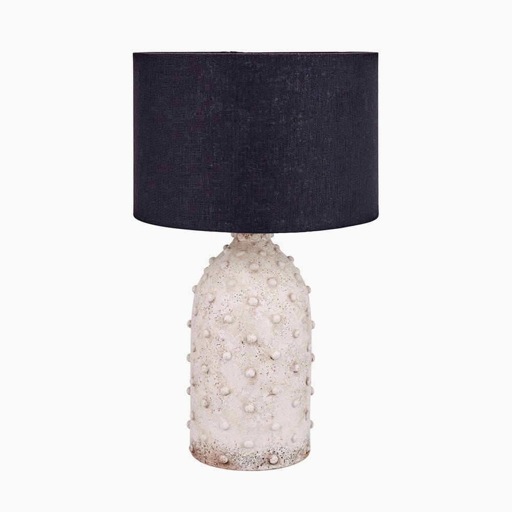 Kali Textured Dot Light Grey Stoneware Table Lamp Base with Lino 30cm Black Self Lined Linen Cylinder Lampshade.