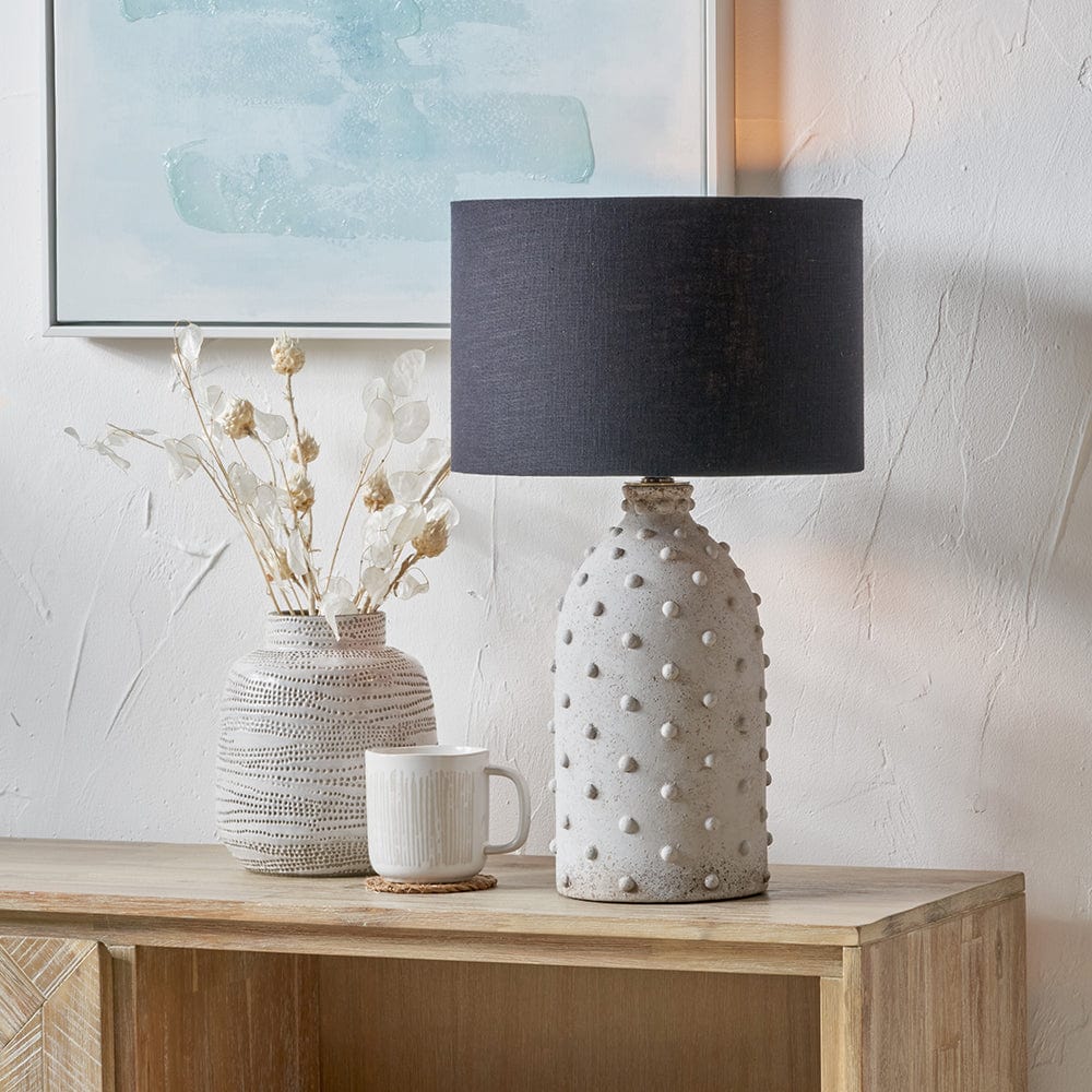 Kali Textured Dot Light Grey Stoneware Table Lamp Base with Lino 30cm Black Self Lined Linen Drum Shade.