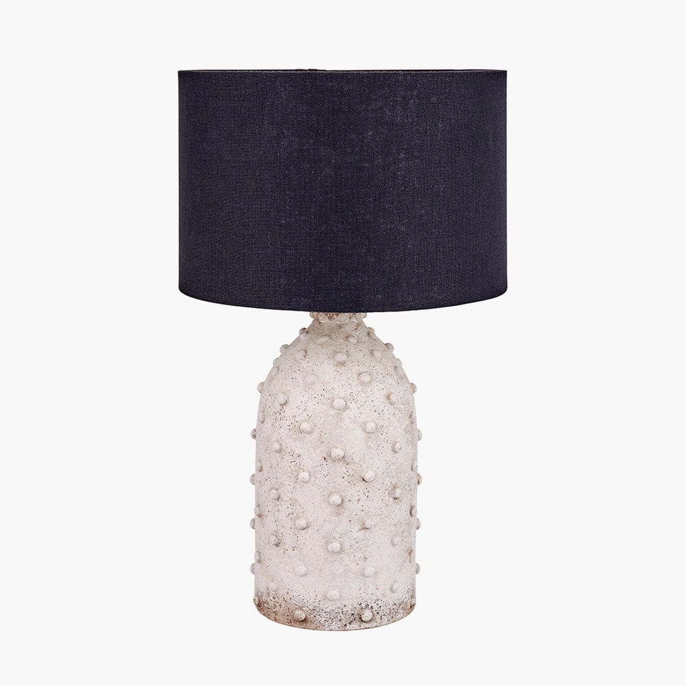 Kali Textured Dot Light Grey Stoneware Table Lamp Base with Lino 30cm Black Self Lined Linen Drum Shade.