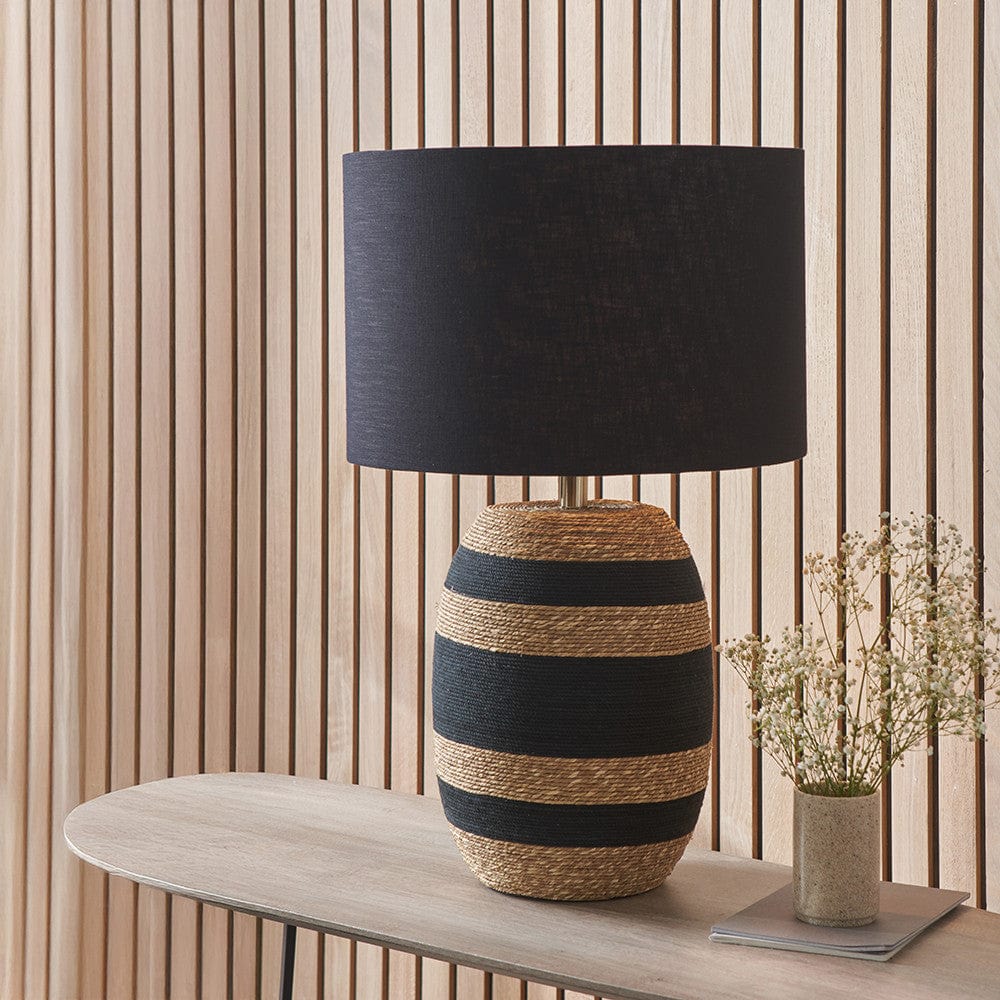 Kalutara Black and Natural Sea Grass Tall Table Lamp Base with Lino 40cm Black Self Lined Linen Cylinder Lampshade.