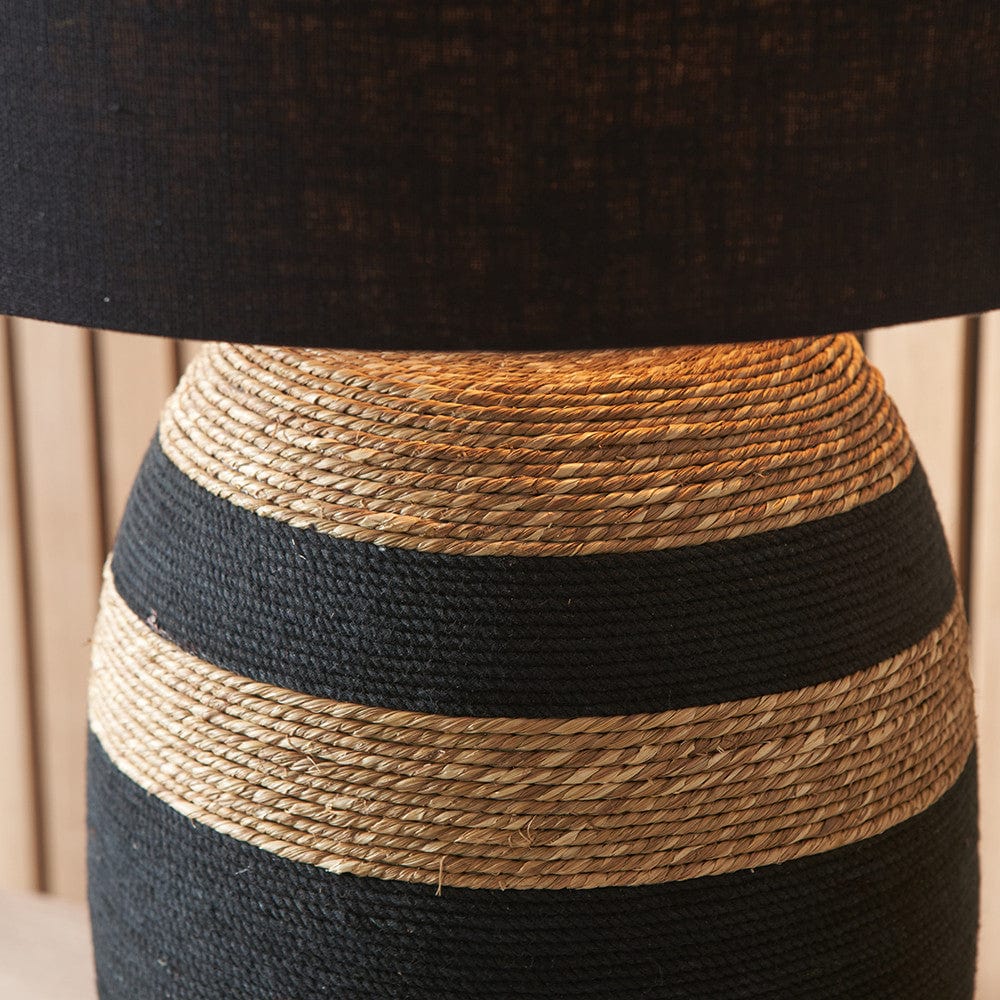 Kalutara Black and Natural Sea Grass Tall Table Lamp with Lino 40cm Black Self Lined Linen Drum Shade.