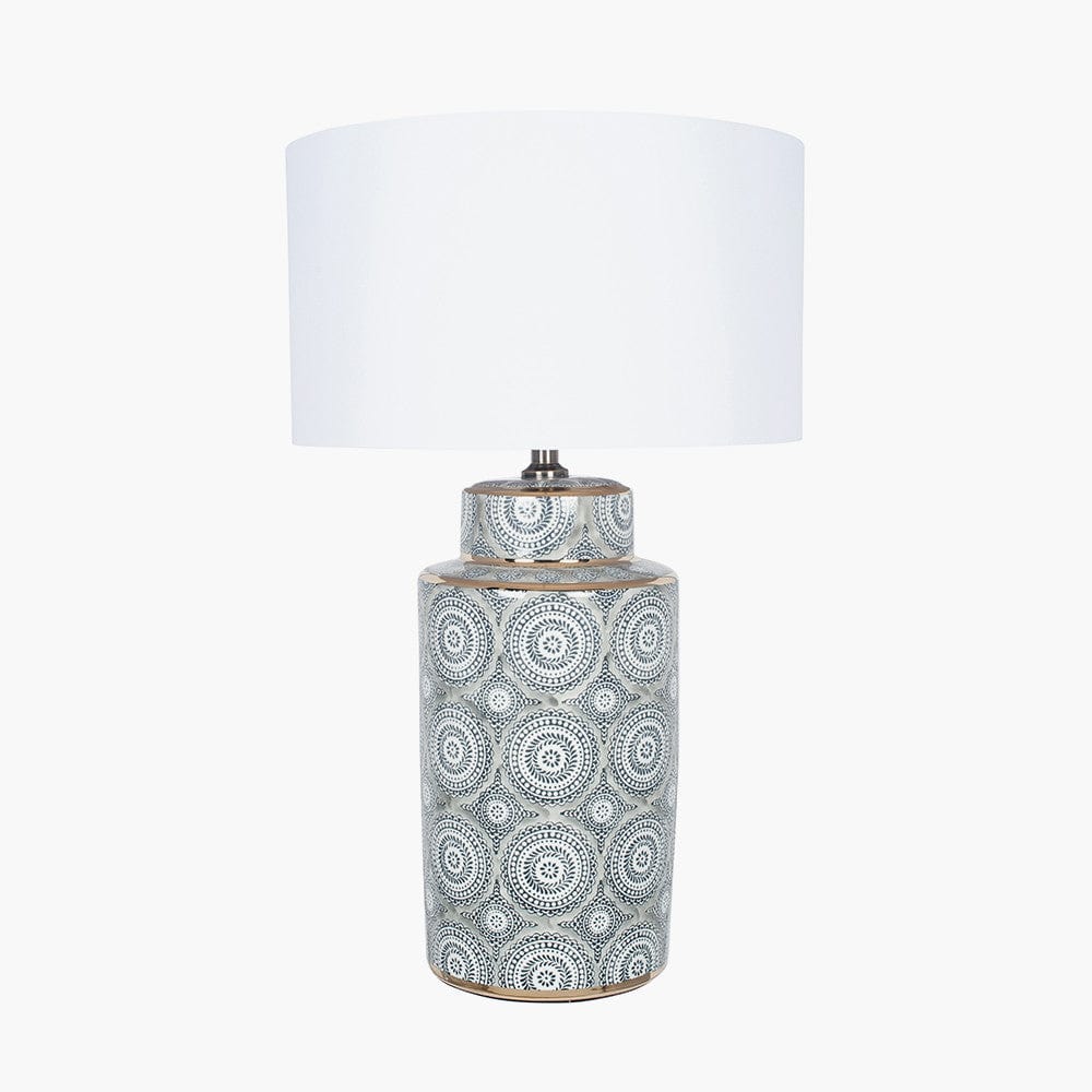 Kari Circle Pattern Ceramic Table Lamp Base with Harry 40cm Ivory Cotton Mix Cylinder Lampshade.
