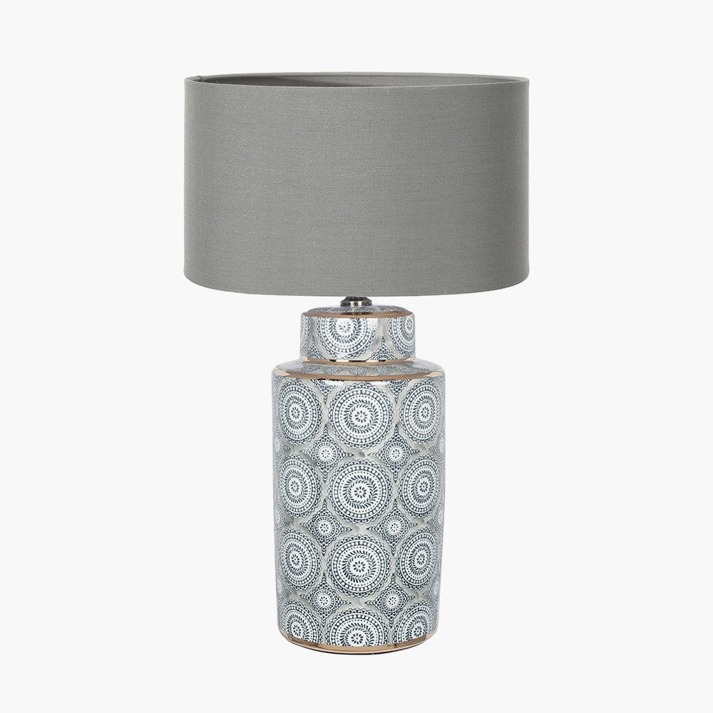 Kari Circle Pattern Ceramic Table Lamp Base with Harry 40cm Steel Grey Cotton Mix Cylinder Lampshade.