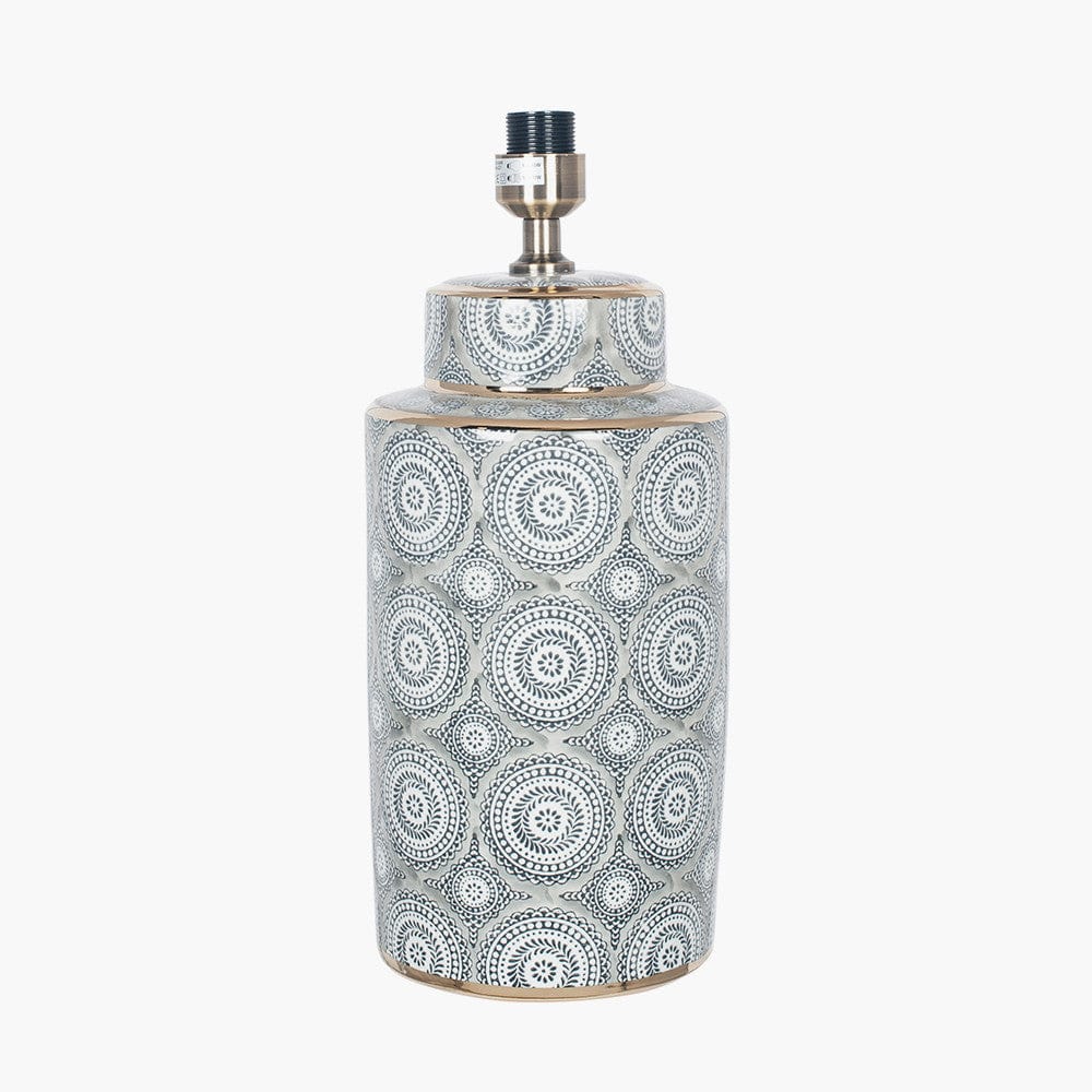 Kari Circle Pattern Ceramic Table Lamp Base with Harry 40cm Steel Grey Cotton Mix Cylinder Lampshade.