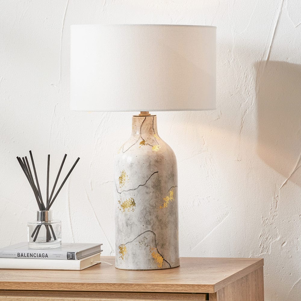 Keros Marble Effect Gold Leaf Glaze Stoneware Table Lamp Base with Henry 30cm White Handloom Cylinder Lampshade.