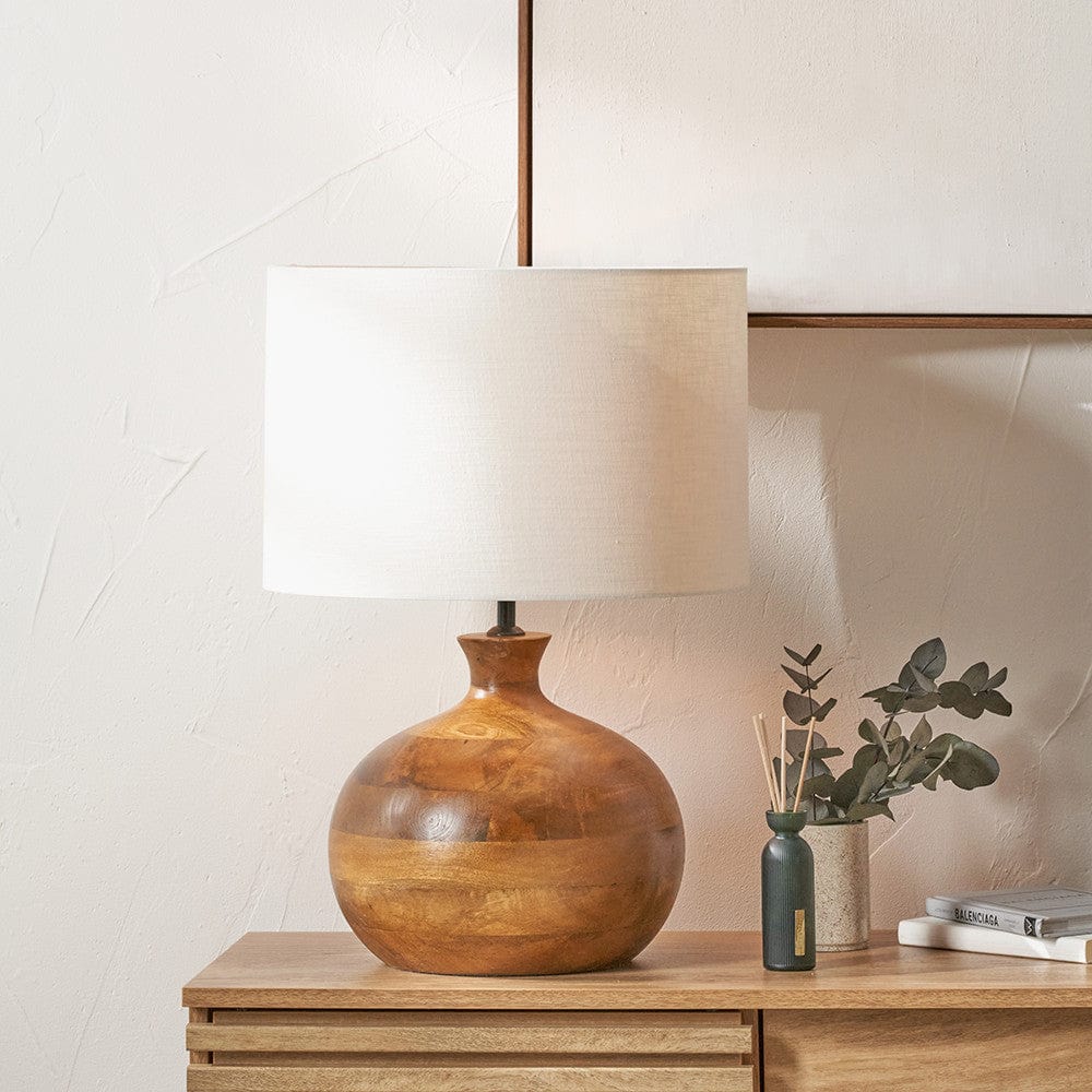 Kiah Brown Oiled Finish Mango Wood Round Table Lamp Base with Lino 40cm White Self Lined Linen Cylinder Lampshade.