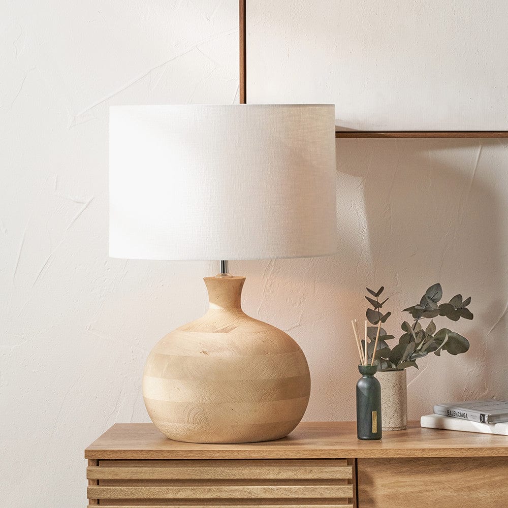 Kiah Natural Mango Wood Round Table Lamp Base with Lino 40cm White Self Lined Linen Cylinder Lampshade.