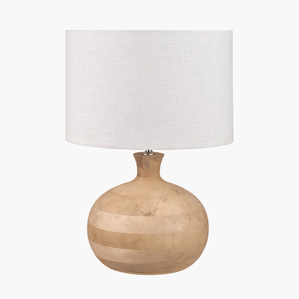 Kiah Natural Mango Wood Round Table Lamp Base with Lino 40cm White Self Lined Linen Cylinder Lampshade.