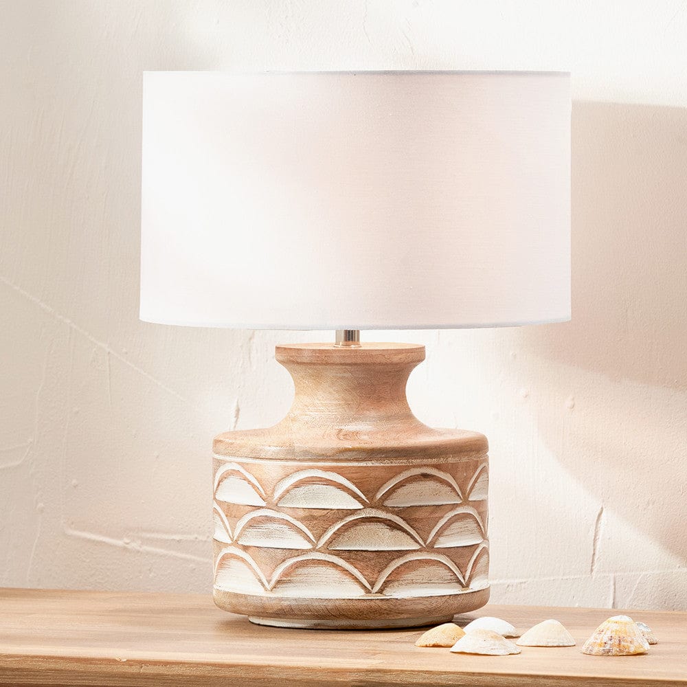 Kingsbury White Wash Carved Wood Table Lamp Base with Harry 30cm Ivory Cotton Mix Cylinder Lampshade.