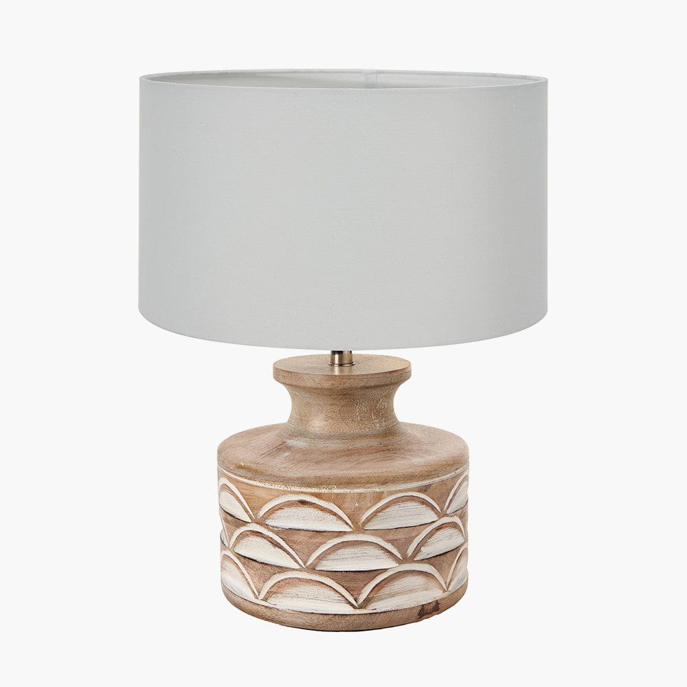 Kingsbury White Wash Carved Wood Table Lamp Base with Harry 30cm Ivory Cotton Mix Cylinder Lampshade.