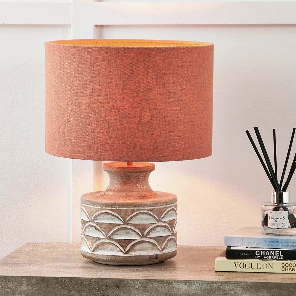 Pacific Lifestyle Lighting Kingsbury White Wash Carved Wood Table Lamp Base with Lino 30cm Cinnamon Self Lined Linen Cylinder Lampshade House of Isabella UK