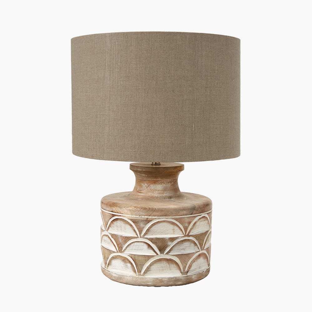 Kingsbury White Wash Large Carved Wood Table Lamp Base with Edward 40cm Natural Linen Cylinder Lampshade.