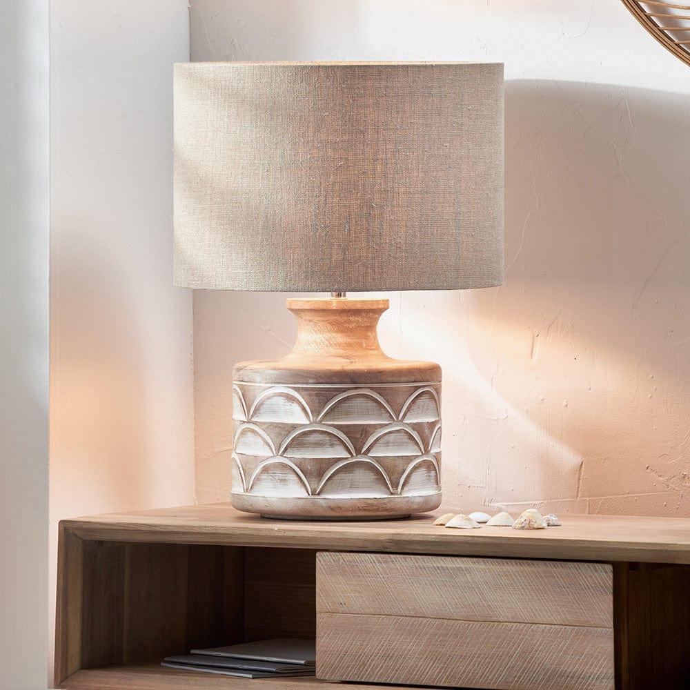 Kingsbury White Wash Large Carved Wood Table Lamp Base with Edward 40cm Natural Linen Cylinder Lampshade.