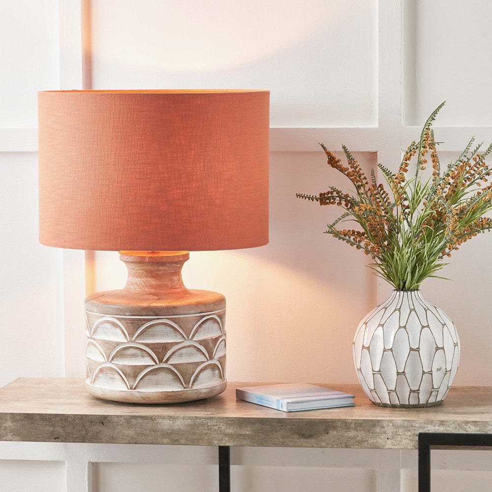 Kingsbury White Wash Large Carved Wood Table Lamp Base with Lino 40cm Cinnamon Self Lined Linen Cylinder Lampshade.