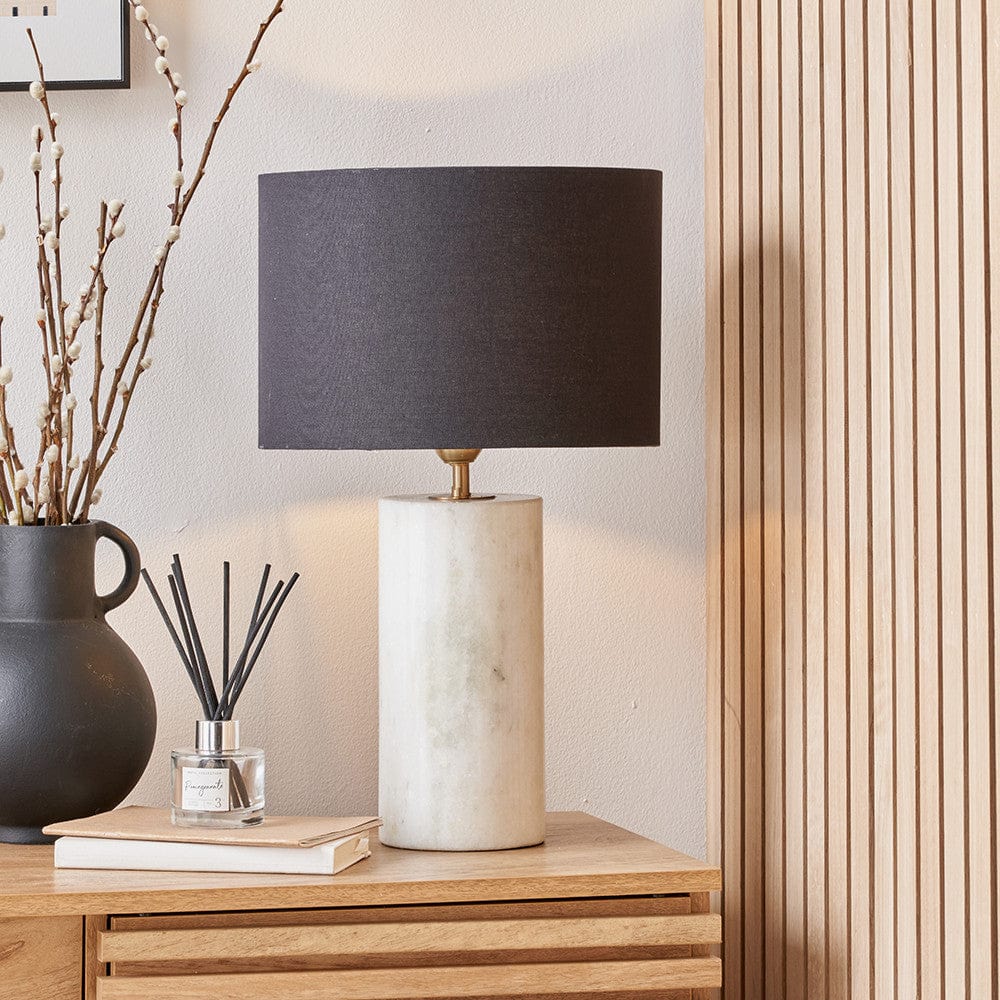 Kiorini White Marble Table Lamp Base with Lino 30cm Black Self Lined Linen Cylinder Lampshade.