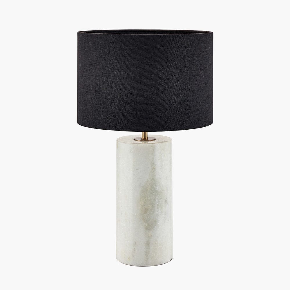 Kiorini White Marble Table Lamp Base with Lino 30cm Black Self Lined Linen Cylinder Lampshade.