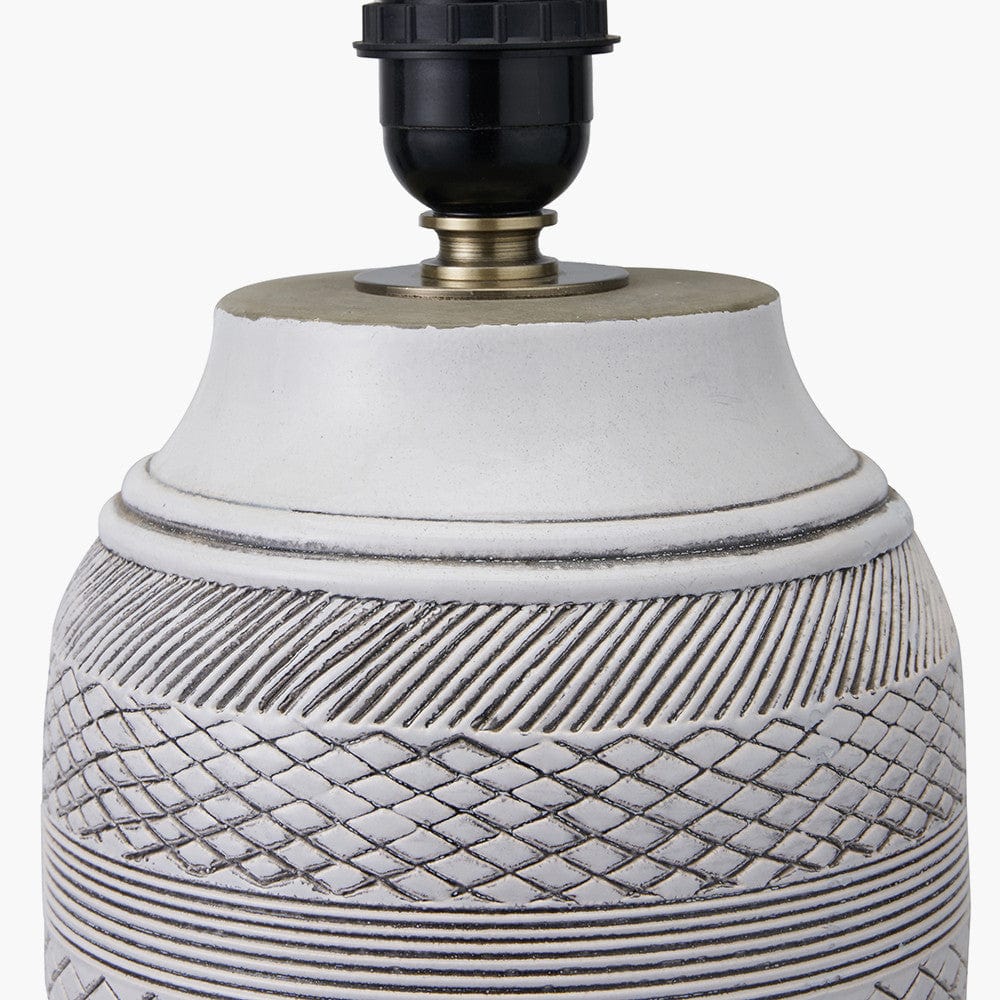 Kira White and Black Textured Stoneware Table Lamp Base with Lino 35cm Black Self Lined Linen Cylinder Lampshade.