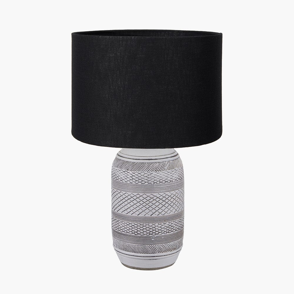 Kira White and Black Textured Stoneware Table Lamp Base with Lino 35cm Black Self Lined Linen Cylinder Lampshade.