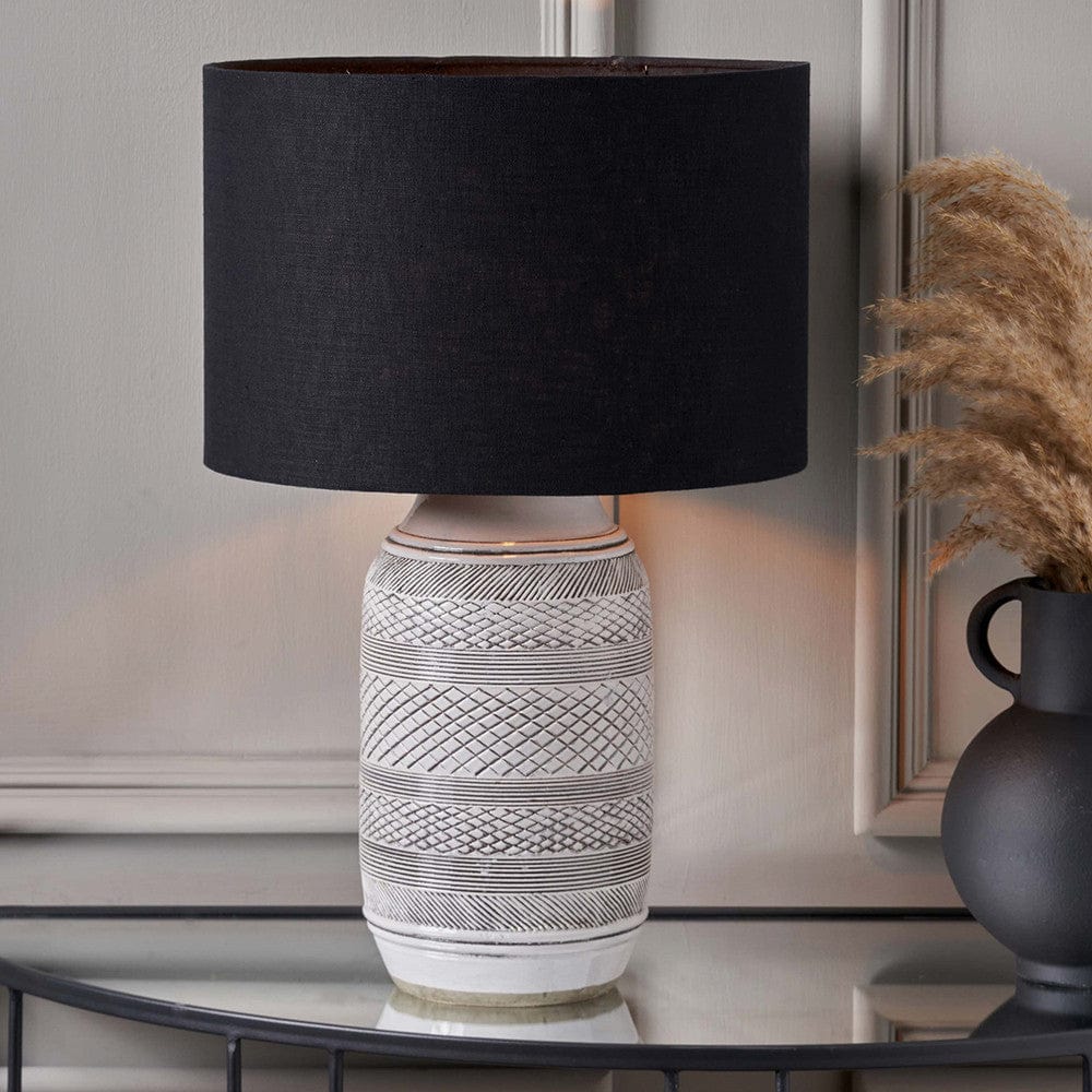Kira White and Black Textured Stoneware Table Lamp Base with Lino 35cm Black Self Lined Linen Cylinder Lampshade.