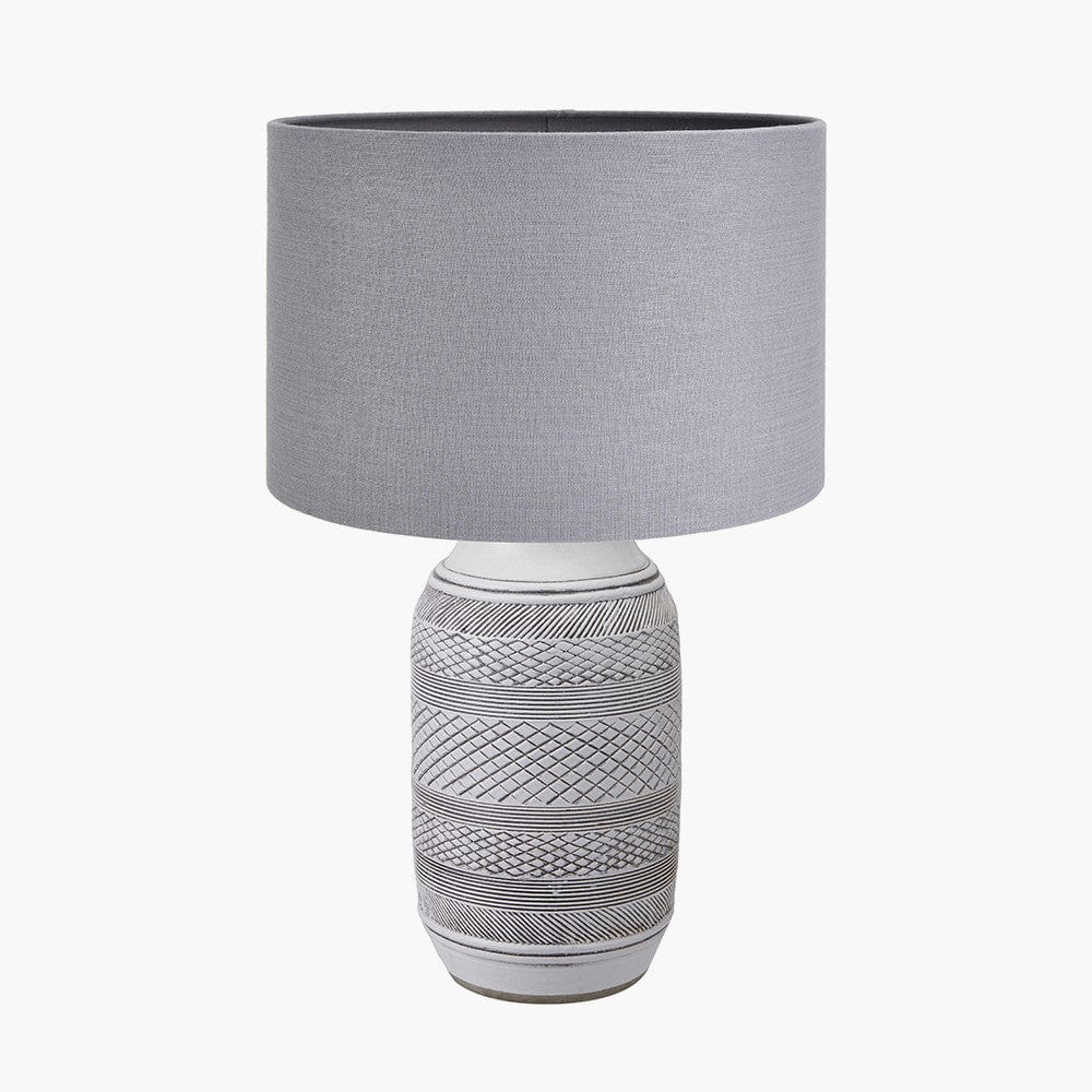 Pacific Lifestyle Lighting Kira White and Black Textured Stoneware Table Lamp Base with Lino 35cm Steel Grey Self Lined Linen Cylinder Lampshade House of Isabella UK