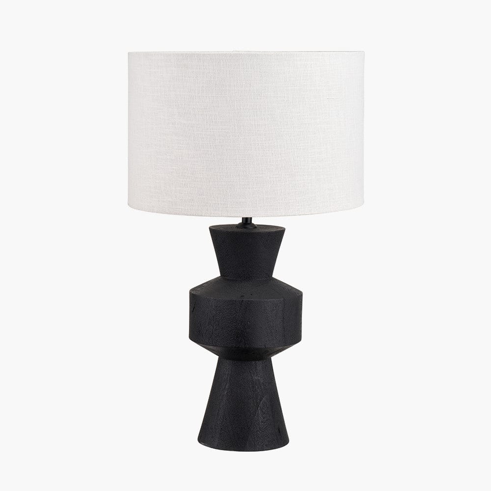 Koa Black Mango Wood Contemporary Table Lamp Base with Lino 35cm White Self Lined Linen Cylinder Lampshade.