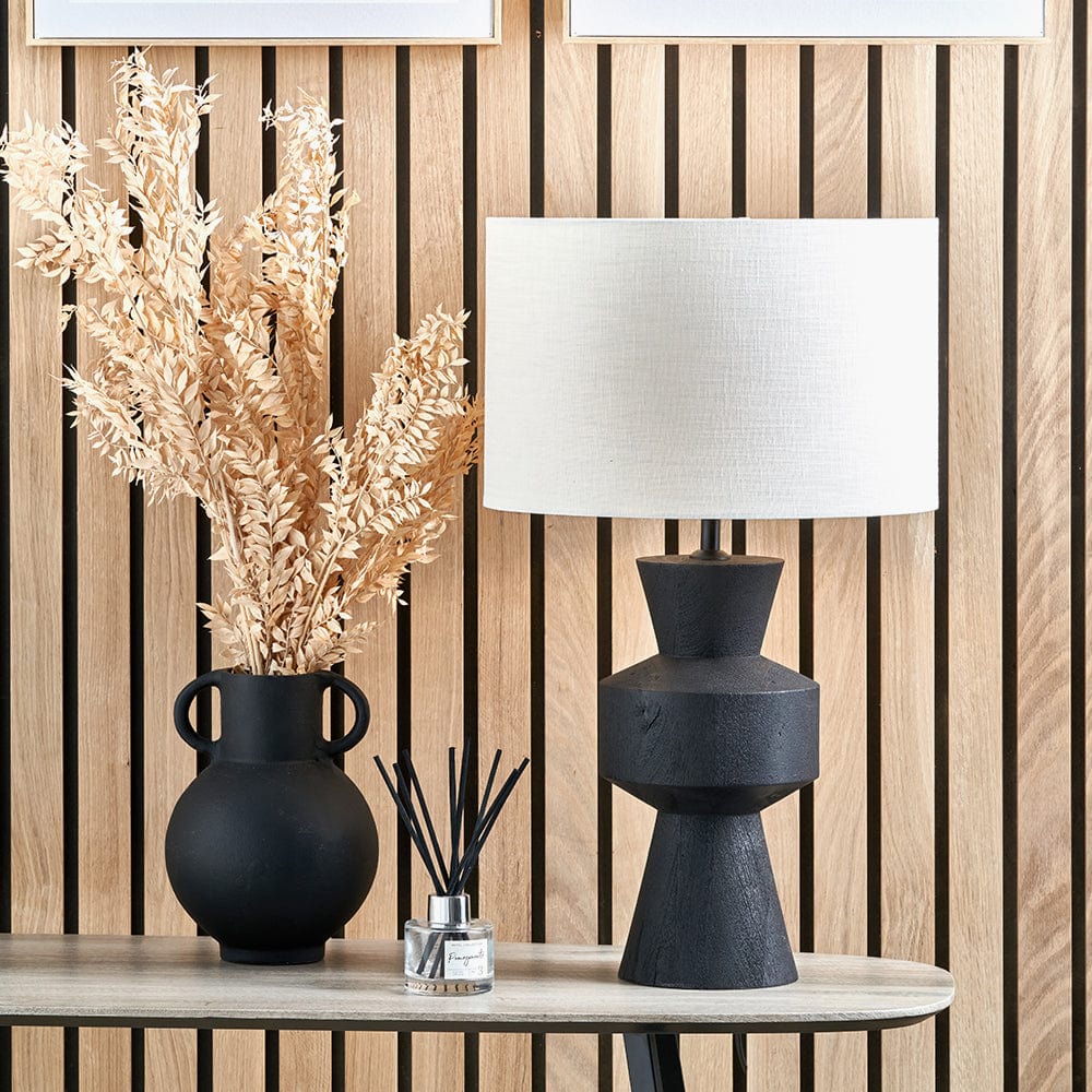 Koa Black Mango Wood Contemporary Table Lamp Base with Lino 35cm White Self Lined Linen Drum Shade.
