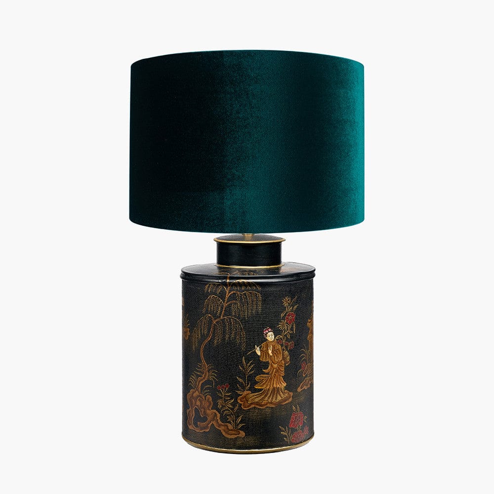 Landscape Black Hand Painted Metal Table Lamp Base with Bow 35cm Forest Green Velvet Cylinder Lampshade.
