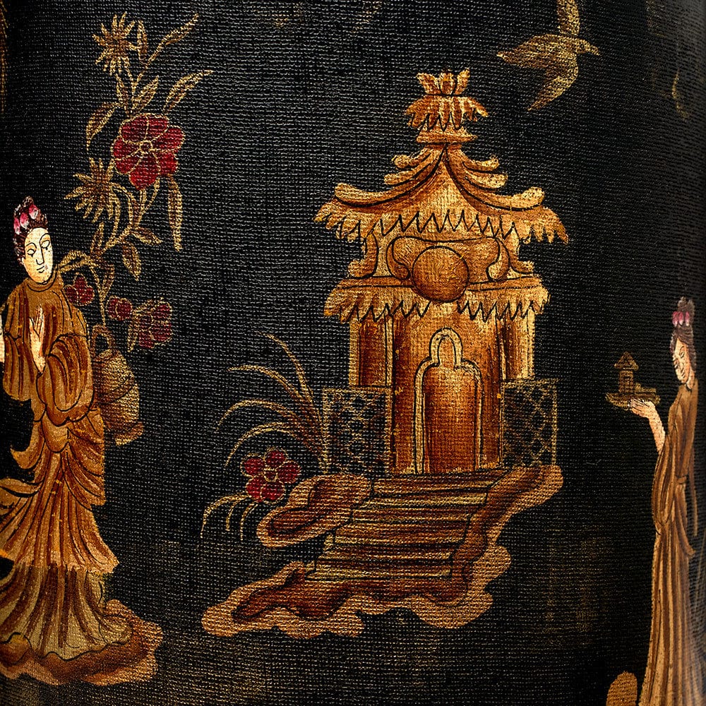 Landscape Black Hand Painted Metal Table Lamp Base with Bow 35cm Forest Green Velvet Cylinder Lampshade.