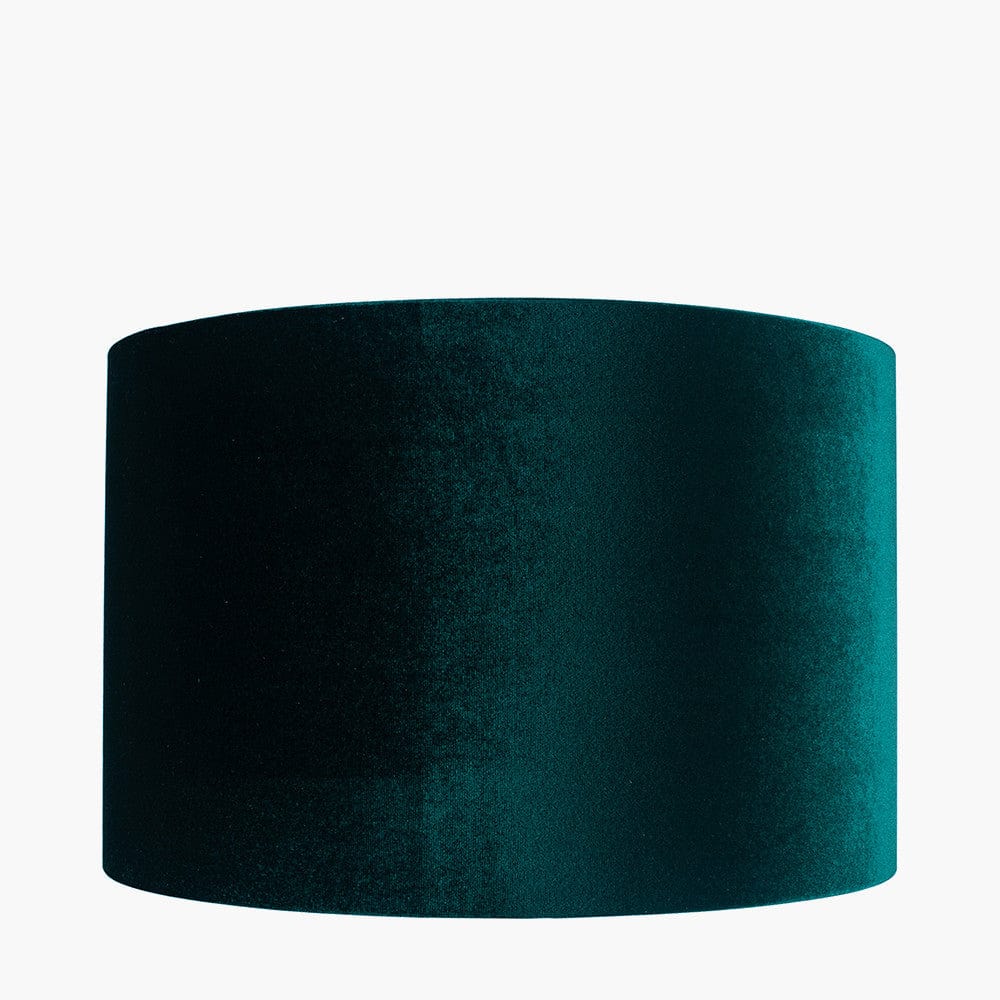 Landscape Black Hand Painted Metal Table Lamp Base with Bow 35cm Forest Green Velvet Cylinder Lampshade.