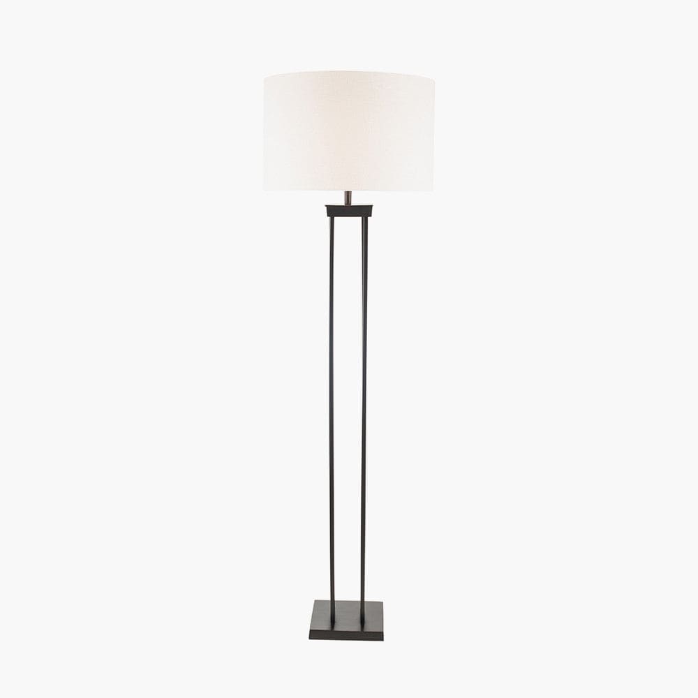 Langston Matt Black Metal Column Floor Lamp Base with Lino 45cm White Self Lined Linen Cylinder Lampshade.