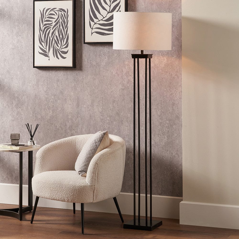 Langston Matt Black Metal Column Floor Lamp Base with Lino 45cm White Self Lined Linen Cylinder Lampshade.