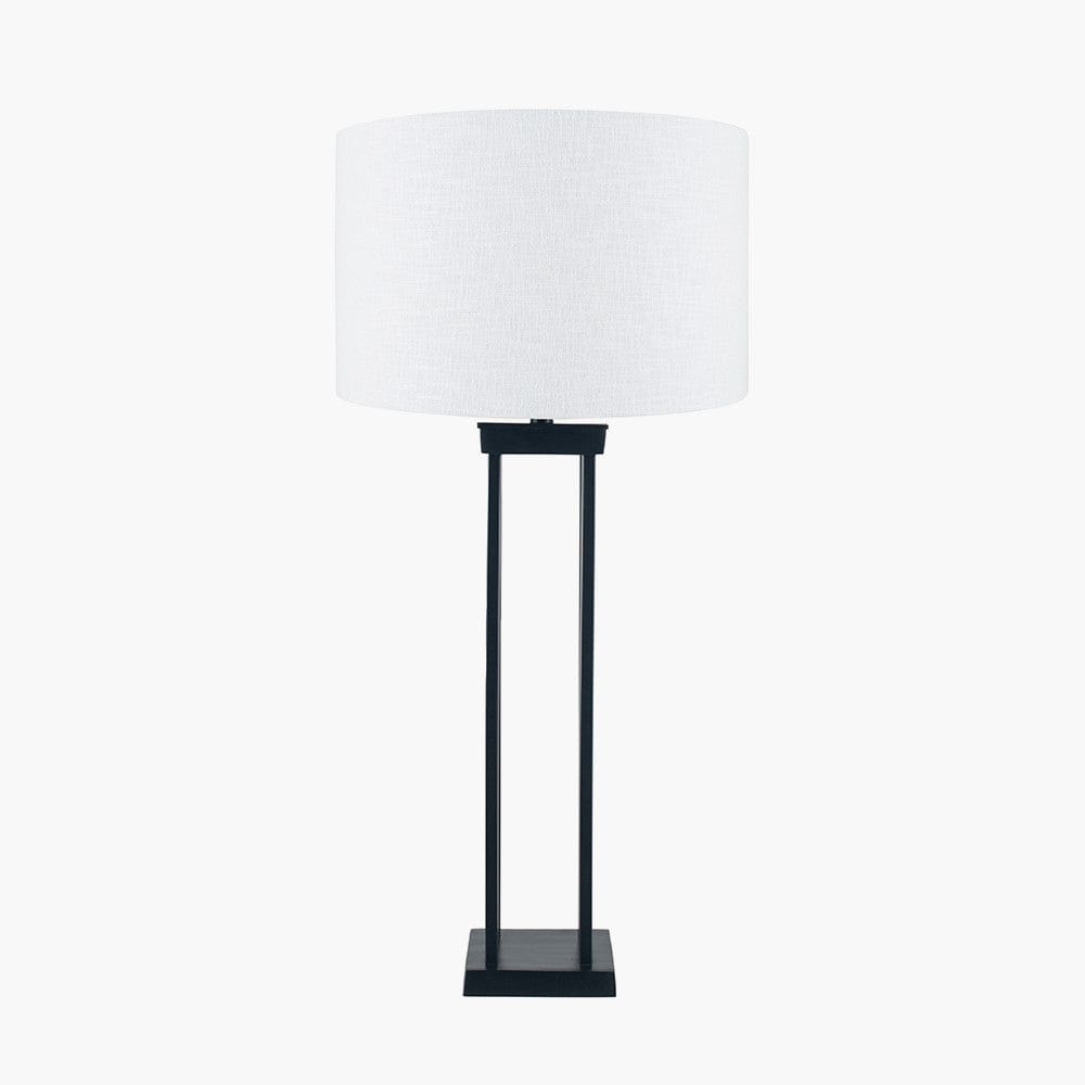 Langston Matt Black Metal Column Table Lamp Base with Lino 40cm White Self Lined Linen Cylinder Lampshade.
