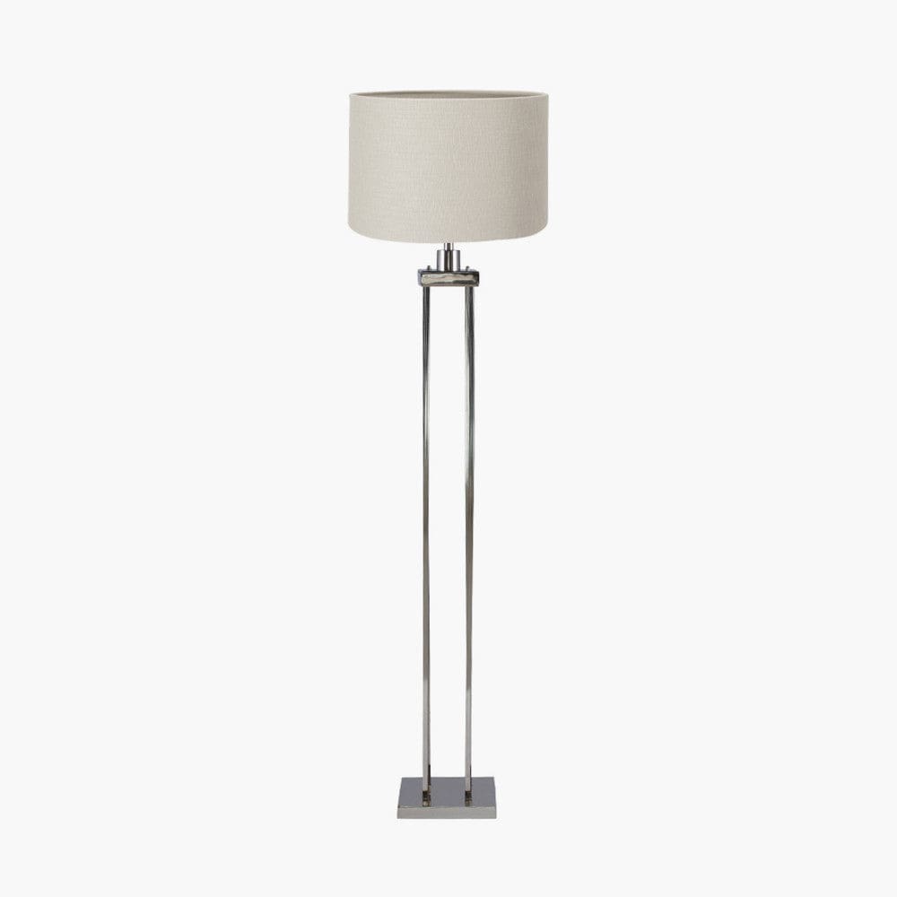 Langston Nickel Metal Column Floor Lamp Base with Lino 45cm Grey Self Lined Linen Cylinder Lampshade.