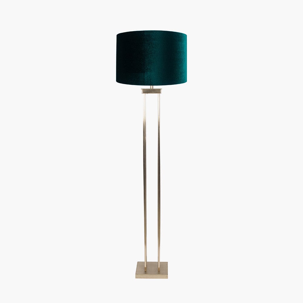 Langston Satin Brass Metal Column Floor Lamp Base with Bow 45cm Forest Green Velvet Cylinder Lampshade.