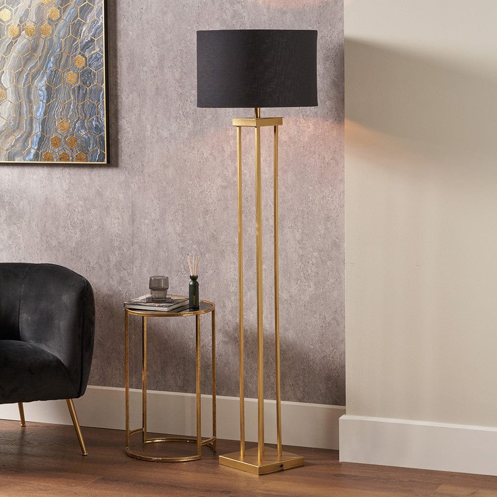 Langston Satin Brass Metal Column Floor Lamp Base with Lino 45cm Black Self Lined Linen Cylinder Lampshade.