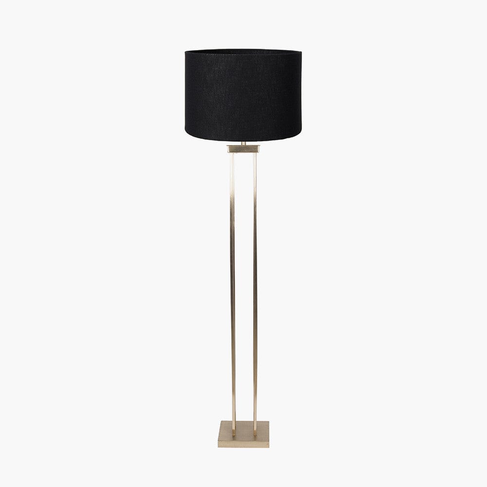 Langston Satin Brass Metal Column Floor Lamp Base with Lino 45cm Black Self Lined Linen Cylinder Lampshade.