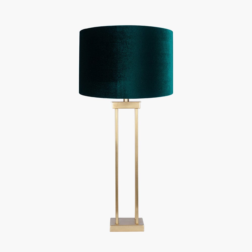 Langston Satin Brass Metal Column Table Lamp Base with Bow 40cm Forest Green Velvet Cylinder Lampshade.