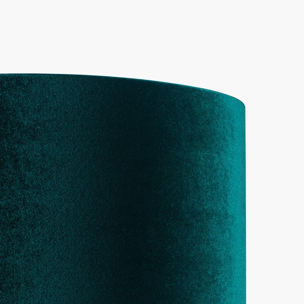 Langston Satin Brass Metal Column Table Lamp Base with Bow 40cm Forest Green Velvet Cylinder Lampshade.