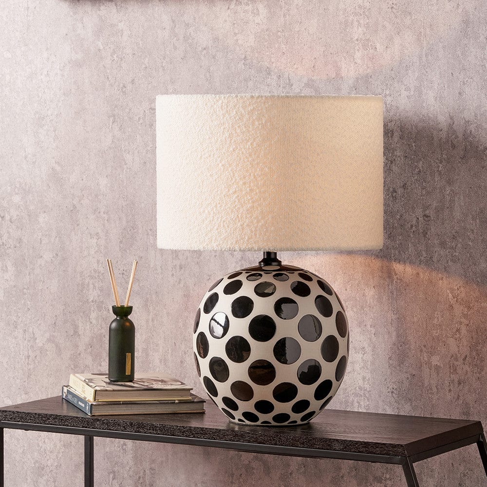 Larisa Black Polka Dot Ceramic Table Lamp Base with Rouen 35cm White Boucle Cylinder Lampshade.
