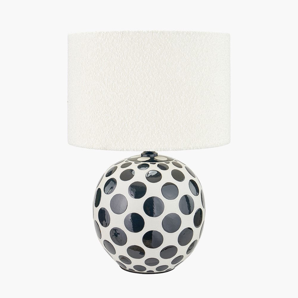 Larisa Black Polka Dot Ceramic Table Lamp Base with Rouen 35cm White Boucle Cylinder Lampshade.