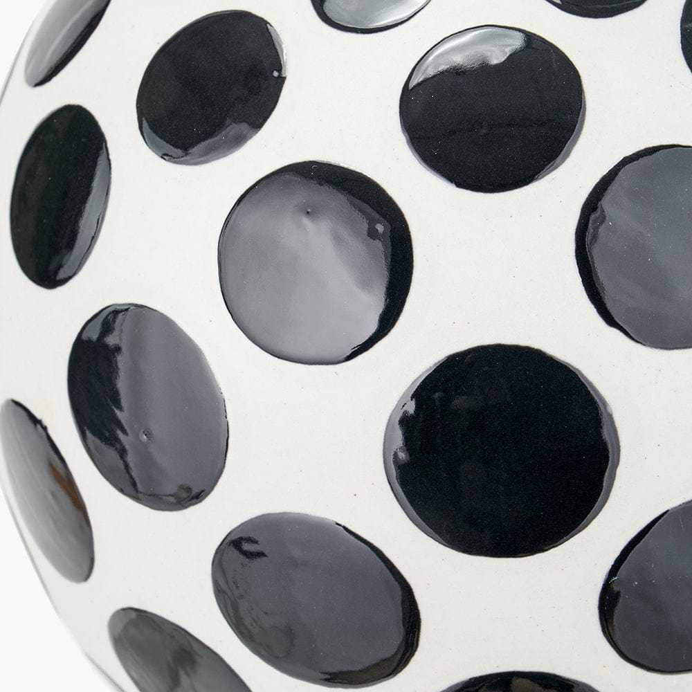 Larisa Black Polka Dot Ceramic Table Lamp Base with Rouen 35cm White Boucle Cylinder Shade.