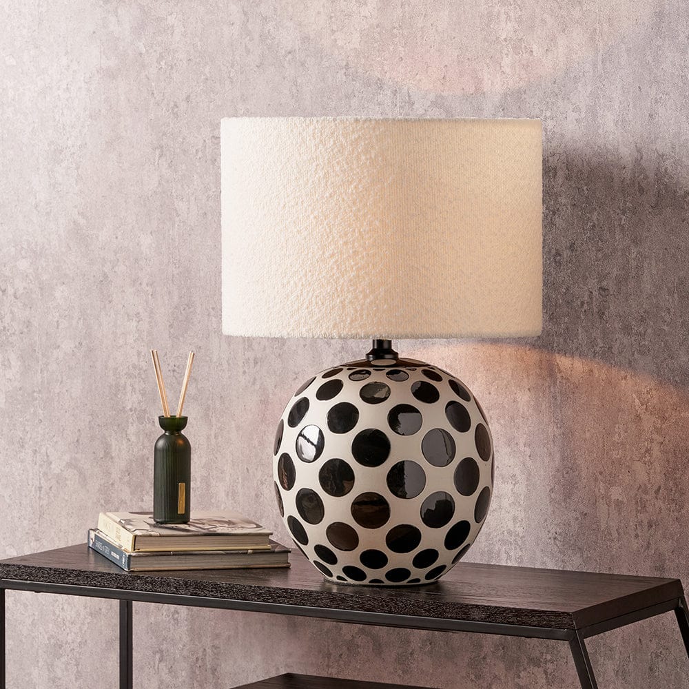 Larisa Black Polka Dot Ceramic Table Lamp Base with Rouen 35cm White Boucle Cylinder Shade.