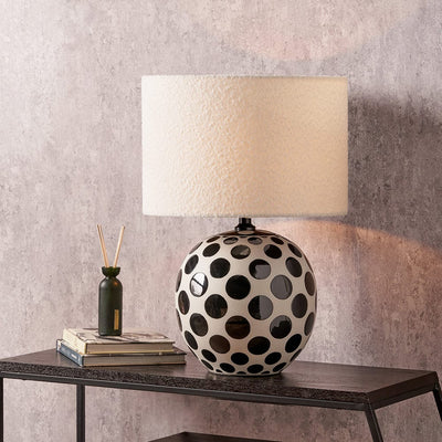 Pacific Lifestyle Lighting Larisa Black Polka Dot Ceramic Table Lamp Base with Rouen 35cm White Boucle Cylinder Shade House of Isabella UK